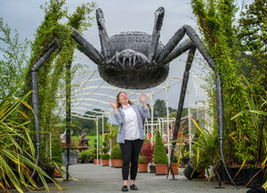 Sarah McManus comes face to face with a giant spider at The British Ironworks, Oswestry.