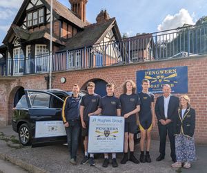 Junior Rowers from Pengwern Boat Club with Club Chair Helen Watkinson and Paul Tench, Group Managing Director of JT Hughes Group