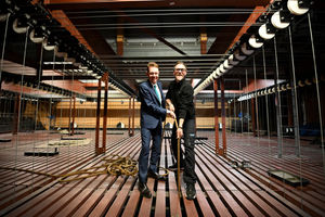 In the 'grid' high above the stage is Andy Street with tech stage manager Martin Meachem.