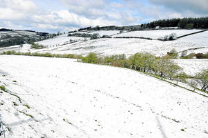 Snow covers the valleys around Aston-on-Clun yesterday
