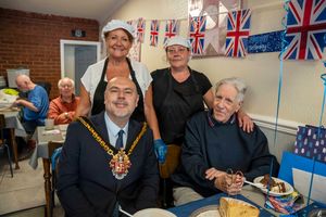 Albert with the Mayor and staff from the Diner & Grill in Raynor Road