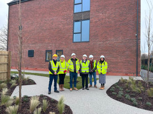 L-R - Dean Piper, Head of Economic Development and Planning, Eleanor Deeley, Joint Managing Director of Deeley Group, Lee Keogh, Site Manager, Deeley Construction, Cllr Maureen Freeman,
Portfolio Leader for Regeneration and High Streets, Cllr Tony Johnson, Leader of Cannock Chase Council and
Charlotte Lloyd, Director of Commissioning at Exemplar Health Care.