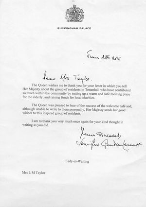 The letter the group received back from Her Majesty's Lady in Waiting. 