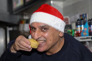 Palvinder Singh owner of Hawthorn Fish Bar in Birmingham deep fries mince pies as well as pigs in blankets. 