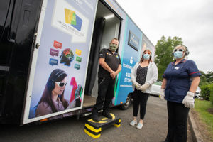 From left, Jerry Rickett from X Experience Training with carer Janette Evans and home manager Debbie Ellis from Barclay Gardens ready to board the virtual dementia tour bus