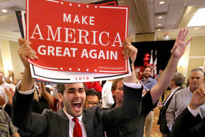 A Donald Trump supporter reacts to the Republican candidate's success in the key swing state of Ohio