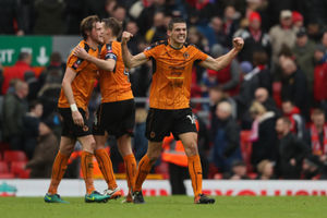 Celebrating the 2-1 FA Cup win at Anfield in January 2017