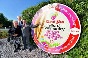 Telford Mayor Raj Mehta, Councilor Shirley Reynolds and Denso MD Mark Hayward unveil the roundabout