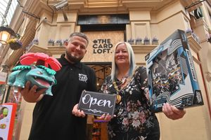 The opening of The Card Loft in the Victorian Arcade, Walsall. Pictured is owner: Damian Chapman and Mayor of Walsall - Councillor Louise Harrison