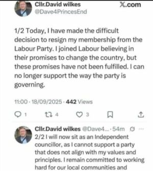 Councillor David Wilkes deleted tweet announcing his departure from Labour