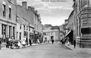 Berriew Street, Welshpool, with the White Lion Hotel visible at end of street. This is an undated postcard, but perhaps c.1906. A Valentine's series postcard, shared by Sally Anne Richards. 