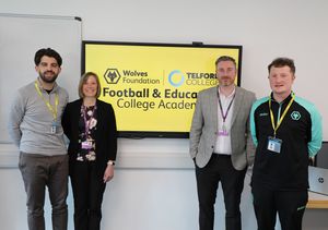 The Wolves Foundation has partnered with Telford College. From left to right, John Walton from the Wolves Foundation, Melanie Newbrook and Andy Turner from Telford College, and Brad Moore from the Wolves Foundation.