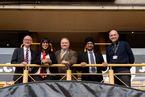 From left, Pat McFadden MP, Sureena Brackenridge MP, Leader of the City of Wolverhampton Council Councillor Steven Simkins, Warinder Juss MP, Director of Wolves Foundation Will Clowes.