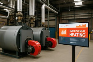 Modern industrial heating equipment in a West Midlands manufacturing facility, representing the region's traditional heating sector embracing digital transformation as companies like FlexiHeat UK partner with marketing agencies to bridge the area's £1.3 billion digital output gap.