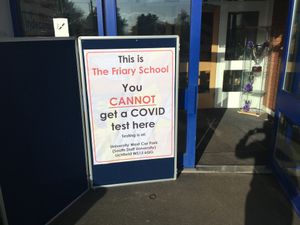 Supporting image for story: 'Not here': Lichfield school puts sign up to deter coronavirus test site drivers