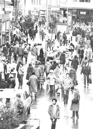 December 18, 1982, the story began: 'Shops were today reeling from a mad, mad spending spree on the last Saturday before Christmas.' Pictured is Dudley Street, Wolverhampton.