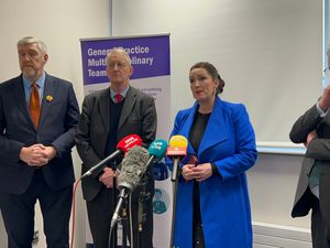 Stormont Finance Minister John O'Dowd, Northern Ireland Secretary Hilary Benn, deputy First Minister Emma Little-Pengelly and Health Minister Mike Nesbitt during a visit to the Eden Park Medical Practice in north Belfast