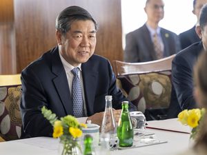 Chinese Vice Premier He Lifeng listens to the speeches during a meeting between Switzerland and China, in Geneva