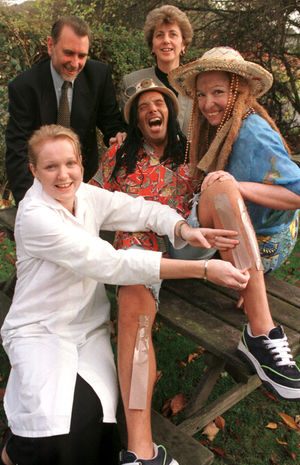 In 1998, Paul Husselbee, Bill Hollyman, Val Hollyman, Sheila Cox with Ruth Hutchinson get their legs waxed for BBC Children in Need