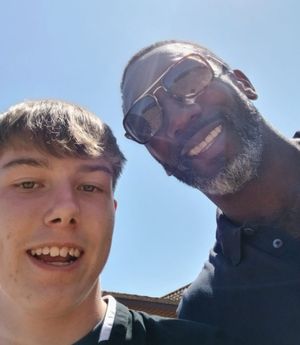 Jimmy taking time out for chats and selfies with young referees. Pictured here is Zach Best, young referee for Shropshire Junior Football League