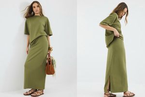 River Island's Khaki Premium Short Sleeve Oversized T-shirt £29 and Khaki Neoprene Maxi Skirt £26 co-ord set