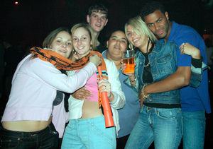 Wolves fans Michelle Cooper, Rosie Taggart, John Bennett, Jody Coffey, Melissa Harvey and Phil Trainer at Atlantis Nightclub on 27.05.2003