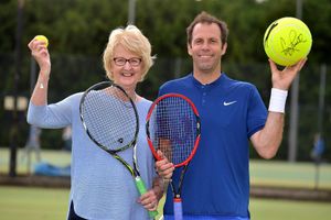Cathie with Greg Rusedski at Bridgnorth Tennis Club in 2016