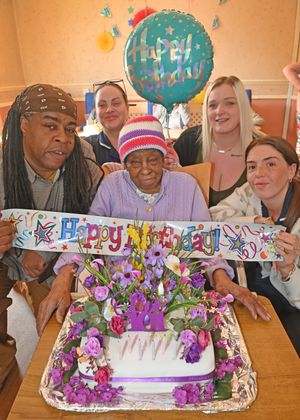 Birthday girl Olive Wilby celebrated her 101st birthday at Nelson House care home, Dudley. Pictured with her are (L-R) John Kelly,Rachael Bias , Leighann Brown and Chloe Kelly.