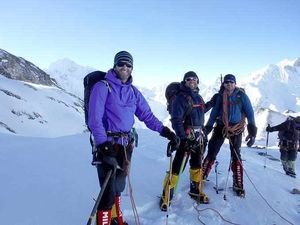 Centre, Gareth Douglas, with fellow climbers at their base camp in Langtang National Park ahead of their expedition to Everest