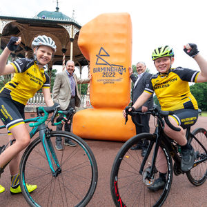 Front: Jaime Downing, aged 10 and Oliver Ward, aged 13, from Wolverhampton Wheelers Cycling Club; Back: Hugh Porter MBE and Councillor Ian Brookfield
