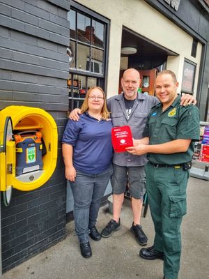 WMAS Community Response Manager, Tim Cronin, North Warwickshire CFR, Sam Hall, and Rich from The Crew in Nuneaton with the new bleed control kit.