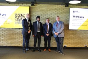 From Left to Right: Will Clowes, Director of Wolves Foundation, Warinder Juss MP, Member of Parliament for Wolverhampton West, Kevin Rogers, Chair of Trustees for Wolves Foundation and Councillor Stephen Simkins, Leader of Wolverhampton City Council.
