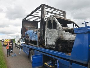 Supporting image for story: 'Avoid the area': Van on fire by A-road near Telford - road was closed as firefighters battled blaze