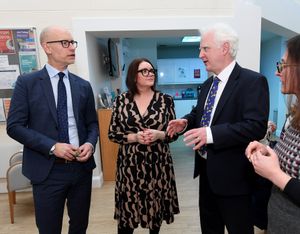 Care minister Stephen Kinnock, chats to chief executive of Katharine House Hospice, Dr Richard Soulsby