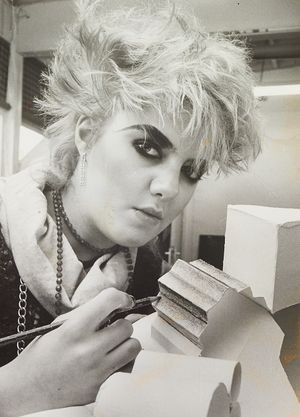 A display of work by students on the Datec Diploma Course at Walsall College of Art was on show in January 1984 at the Saddlers Centre. The photograph shows Yvette Hingley working on a piece of sculpture.