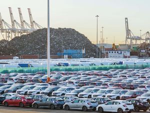 New cars awaiting export from Southampton Docks