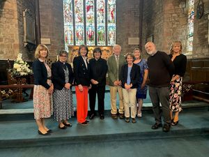 St George's Church  Pontesbury:   L-R.  Katherine Garnier DL, Archdeacon of Ludlow Fiona Gibson, L-L, Dean Sarah, Pastoral visitor,Stephen Winwood, Churchwarden Marianne Mc Call, Churchwarden Alison Holmes, Rev Greg Smith and member of Time Out team