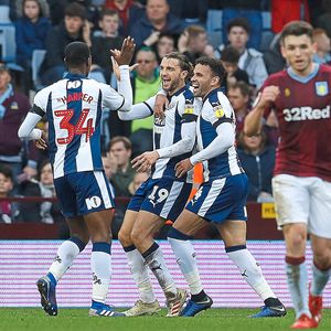 Jay Rodriguez celebrates making it 2-0 at Villa Park. (AMA)