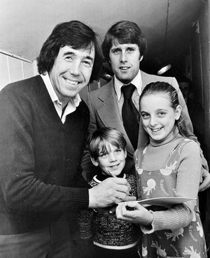 Youngsters Carol and Anthony Bates pictured with Banks and Geoff Hurst in Telford in 1976