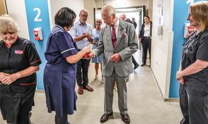 King Charles III has his hands sanitised as he enters a ward during his visit to officially open the new Midland Metropolitan University Hospital in Birmingham. Picture date: Wednesday September 3, 2025. PA Photo. Photo credit should read: Richard Pohle/The Times/PA Wire 
