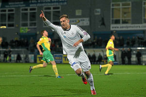 Adam Farrell of AFC Telford United celebrates after scoring a goal to make it 1-0.
