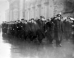 A detachment of crew members from HMS Newfoundland at Wolverhampton's Armistice parade on November 11, 1944.
