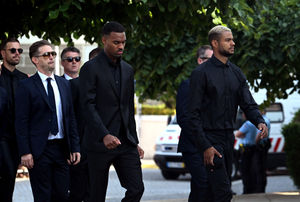 Liverpool's Ryan Gravenberch and Cody Gakpo (right) arrive at the funeral of Diogo Jota and Andre Silva being held at Igreja Matriz de Gondomar in the town of Gondomar near Porto. The Liverpool and Portugal forward died along with his younger brother Andre Silva in the accident in Zamora on Thursday morning. Picture date: Saturday July 5, 2025. PA Photo. Photo credit should read: PA Wire.