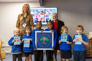 Jenny Gascoigne, Executive Headteacher (back left) with Councillor Shirley Reynolds (back right) and children from Wrockwardine Wood Infant School. Pic: Telford & Wrekin Council