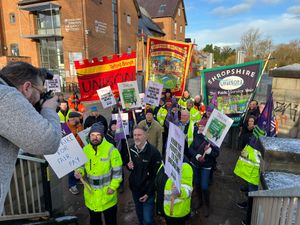 Environment Agency workers on strike at the flood barriers in Frankwell car park, Shrewsbury