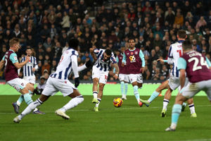 Karlan Grant has an effort blocked (Photo by Adam Fradgley/West Bromwich Albion FC via Getty Images)