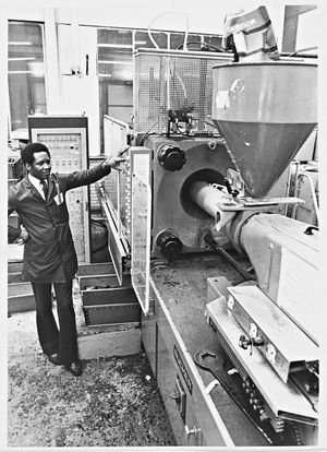 Healey Mouldings Ltd, Oldbury - Rupert Blackwood operating a new injection moulding machine in 1979