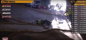 More cars crash into the man as he tries to get off the track