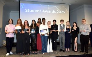 Telford College's 2025 Student of the Year winners, with their trophies.