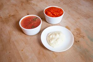 A trio of dips: Tomato, alioli, brava